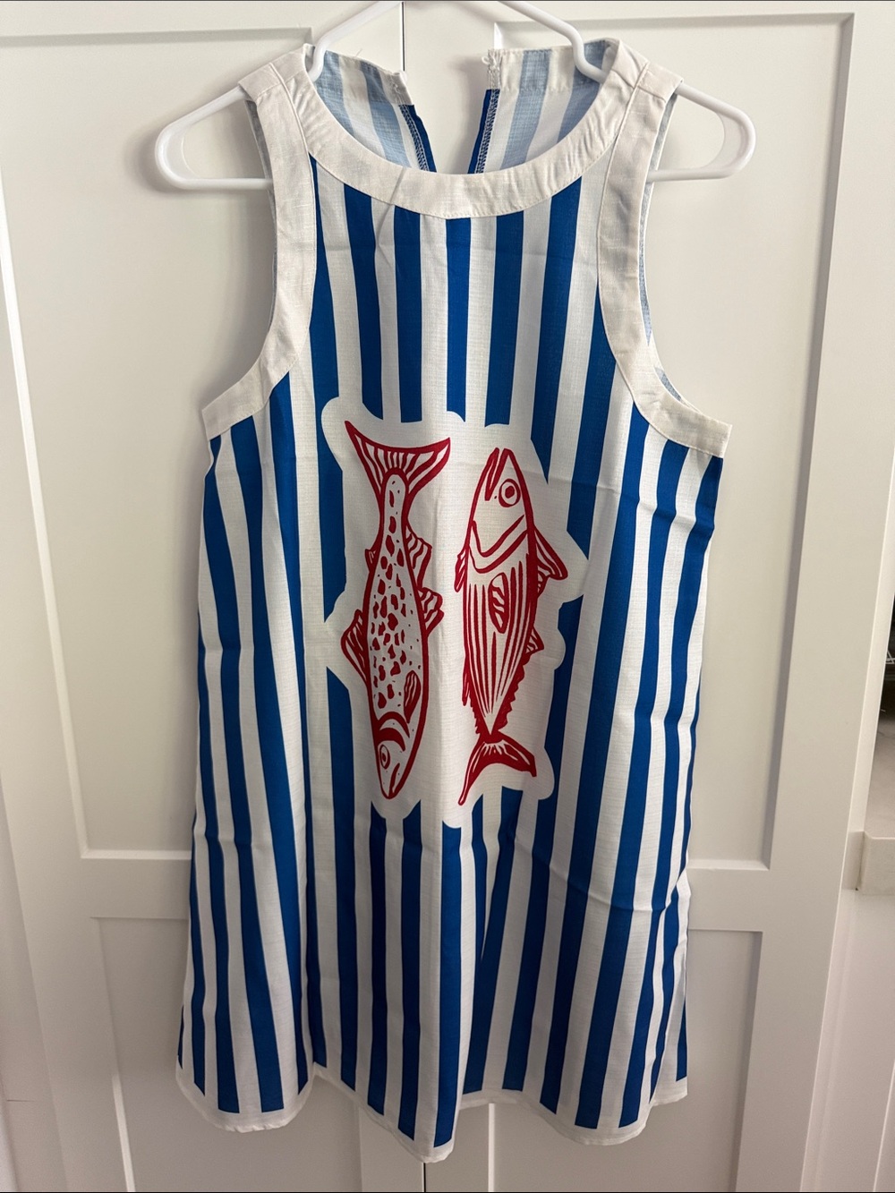 Blue & White Striped Sleeveless Dress with Red Fish Graphic Size Medium